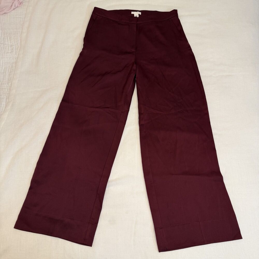 H&M Size 12 Burgundy Satin Wide Leg Pants Maroon High Waisted Trousers Dress 12